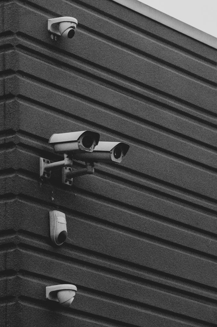 gallery-1 A black and white photo featuring multiple security cameras on a modern building wall.